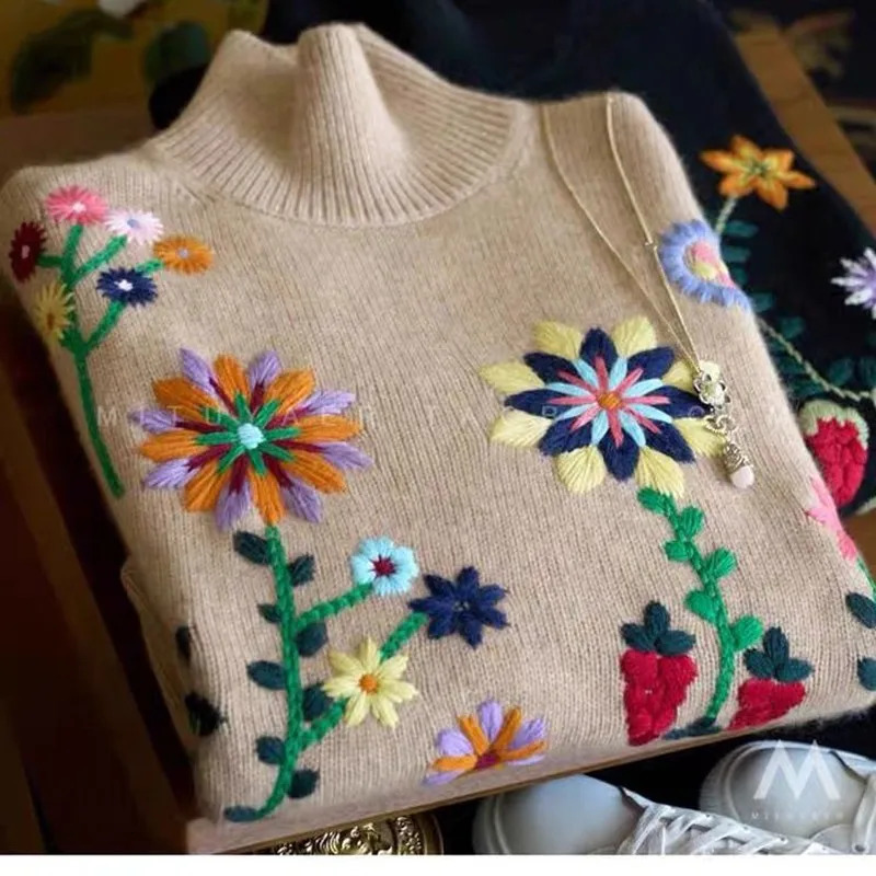 Women's Sweaters Arrival Autumn Winter Women Loose Fit Casual Turtleneck Long Sleeve Pullover Floral Embroidery Knitted Sweater D381 231019