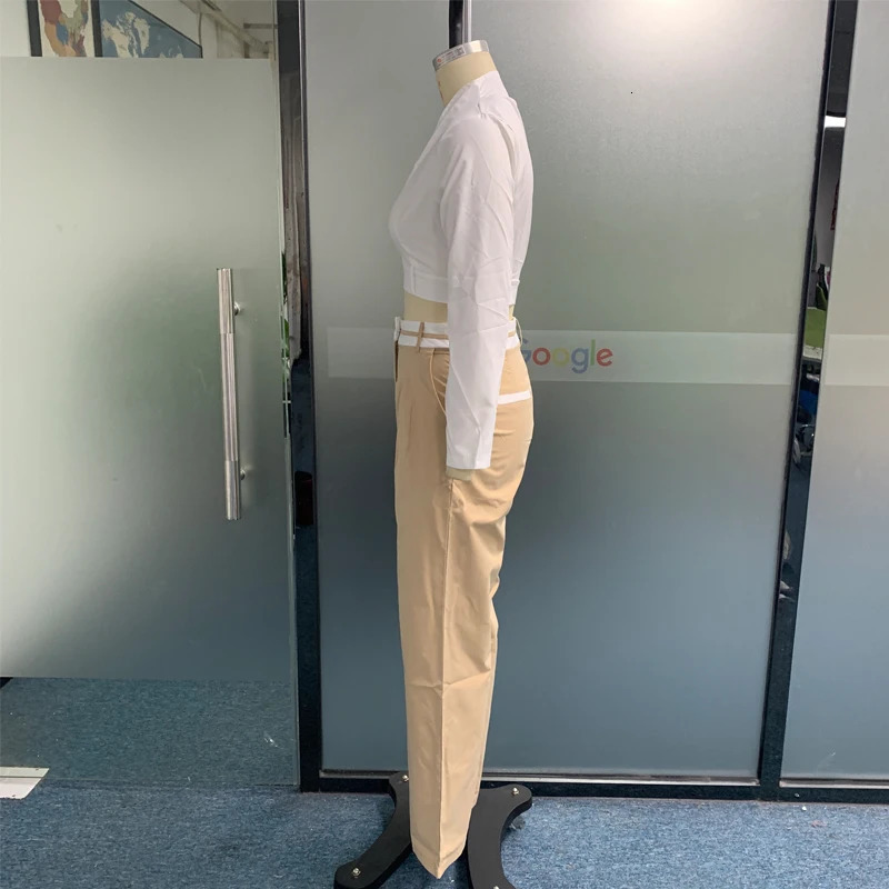 Womens Two Piece Pants BEACHBELE Women Sets Autumn V Neck Long Sleeve Bare Waist White Top Solid Elegant Office Outfit With Pocket 231018