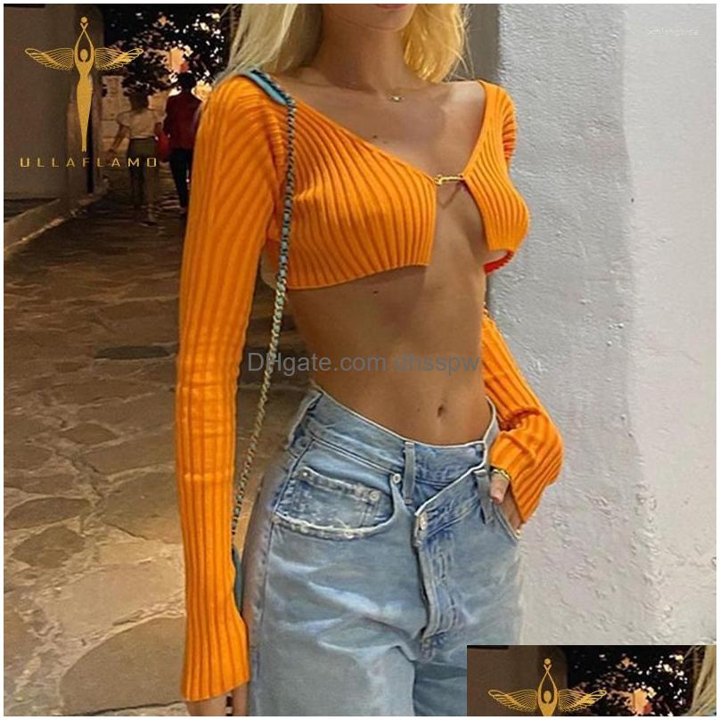 Womens T Shirts Long Sleeve Cardigan Y2K Super Short Crop Top Women Orange High Street Low Cut V-Neck Tee-Shirt Open Waist Slim Dro