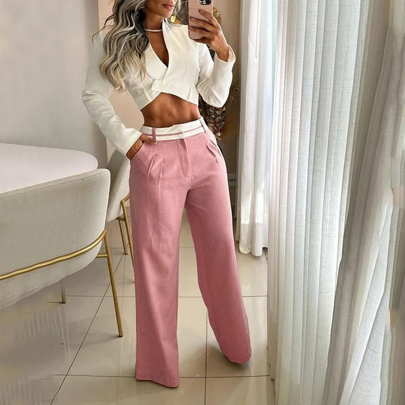 Womens Two Piece Pants BEACHBELE Women Sets Autumn V Neck Long Sleeve Bare Waist White Top Solid Elegant Office Outfit With Pocket 231018