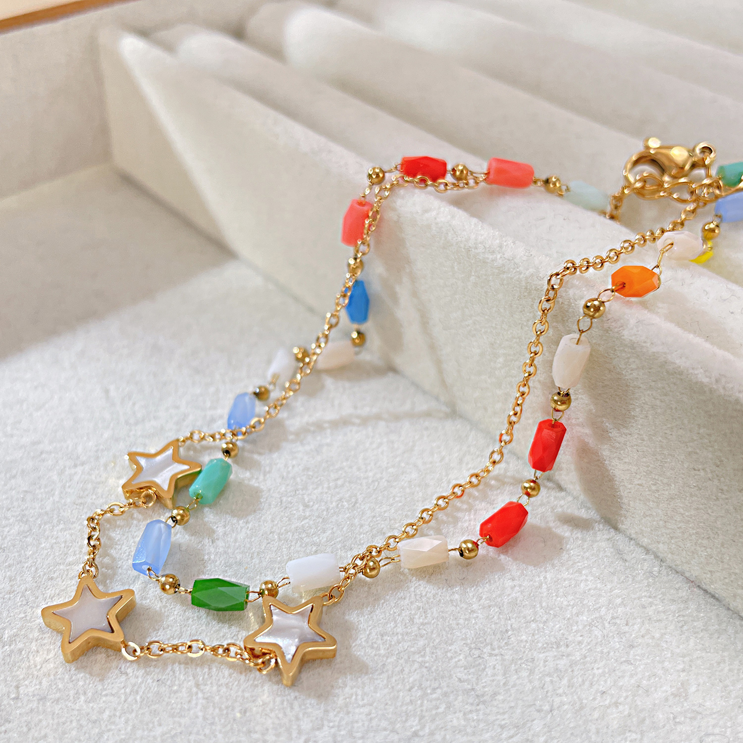 Women Girls Fine Anklet Bracelet Stainless Steel Peart Oysters Star Link Chain Accessories Simple Double Boho Style Jewelry Extension Chain 8.66inch+6