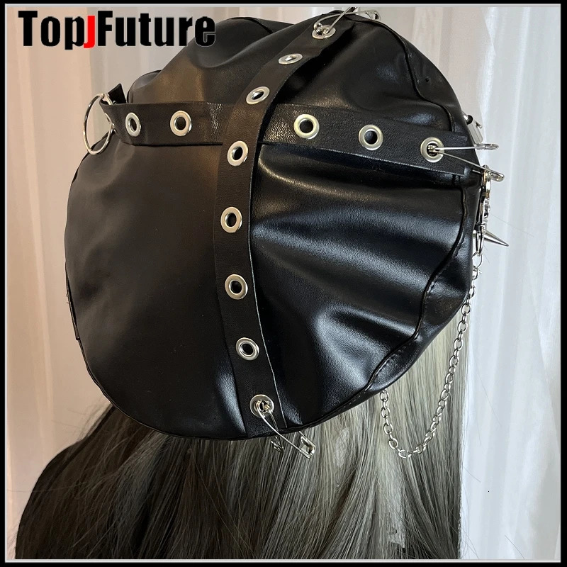 Berets Harajuku Gothic Lolita Leather Devil Beret hat Cap Autumn Winter Y2K Girl Women's Metallic Punk Sharp nail decorative hats 231018