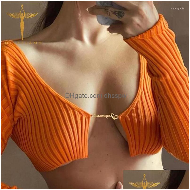 Womens T Shirts Long Sleeve Cardigan Y2K Super Short Crop Top Women Orange High Street Low Cut V-Neck Tee-Shirt Open Waist Slim Dro