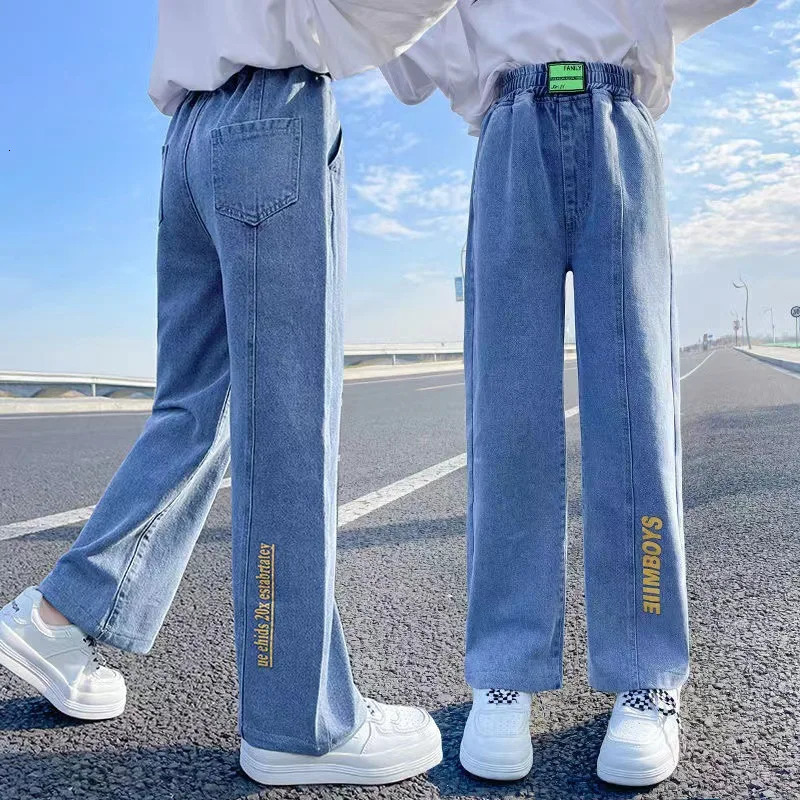 Jeans Autumn Girls Jeans For Girl Teenage Elastic High Waist Denim Wide Leg Pants Kids Straight Trousers Children Ripped Jeans 231019