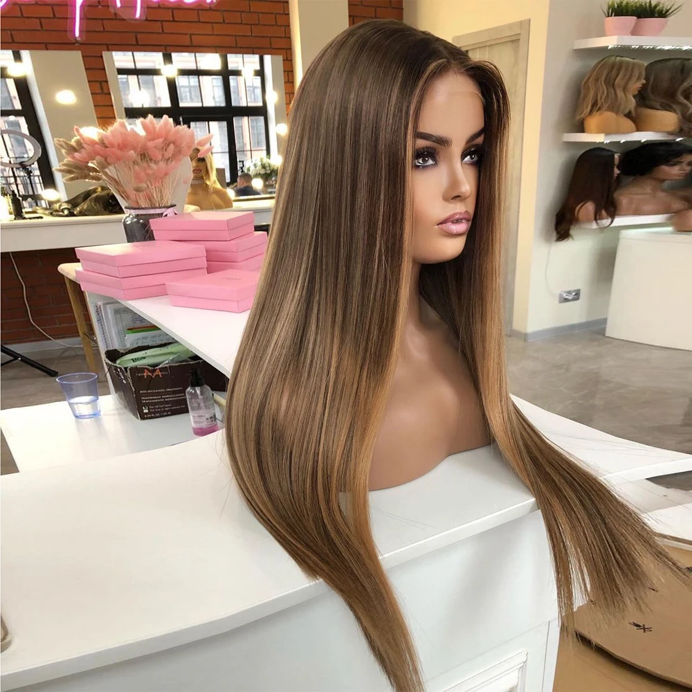 Peruvian Hair Light Brown Blonde Full Lace Front Human Hair Wigs Highlight HD Lace Frontal Wigs 180% Cheap Virgin Hair Silky Straight Wigs for Women