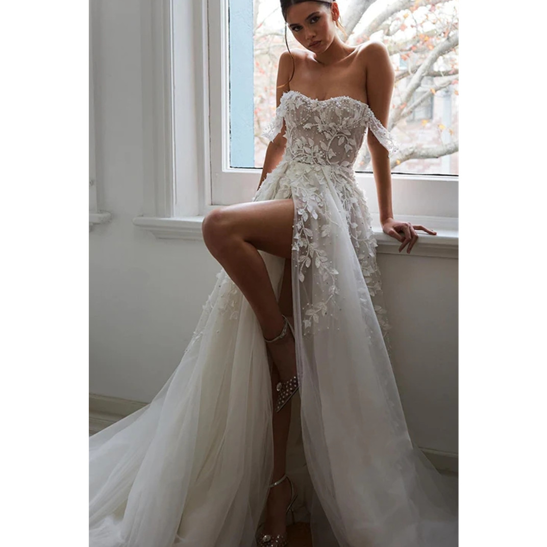 Off The Shoulder Wedding Dress Beach Women Lace Appliques V-Neck A-Line Bridal Gown Tulle Vestidos De Novia