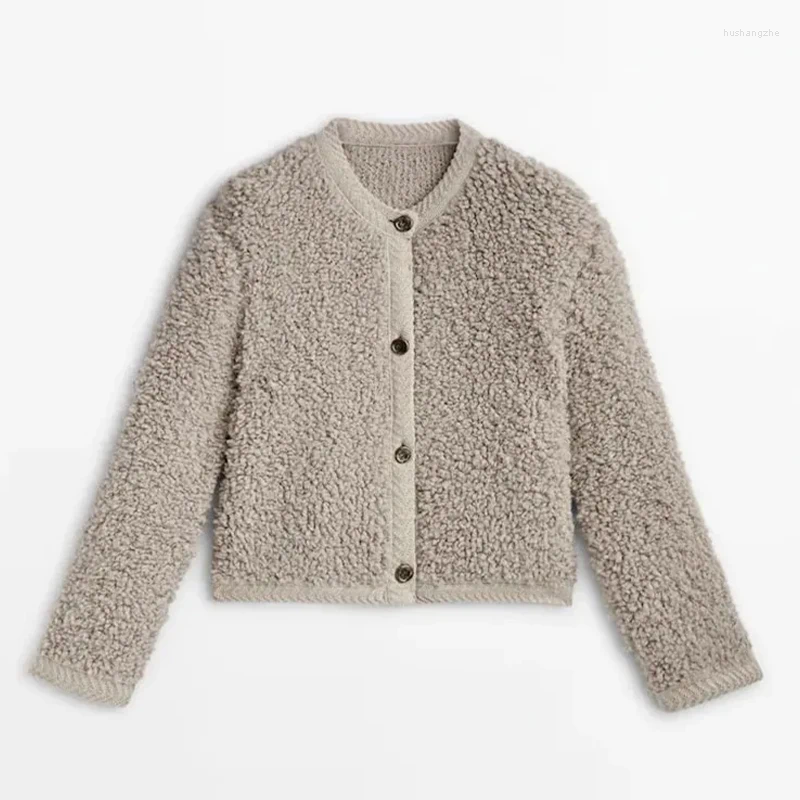 Womens Jackets Lamb Wool Coats Women Sweater Single Breasted O-neck Elegant Autumn Winter Jacket Female Long Sleeve Tops Lady Commuting