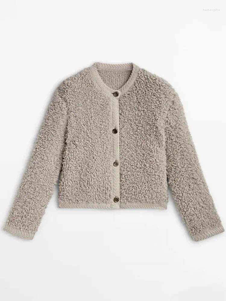 Womens Jackets Lamb Wool Coats Women Sweater Single Breasted O-neck Elegant Autumn Winter Jacket Female Long Sleeve Tops Lady Commuting