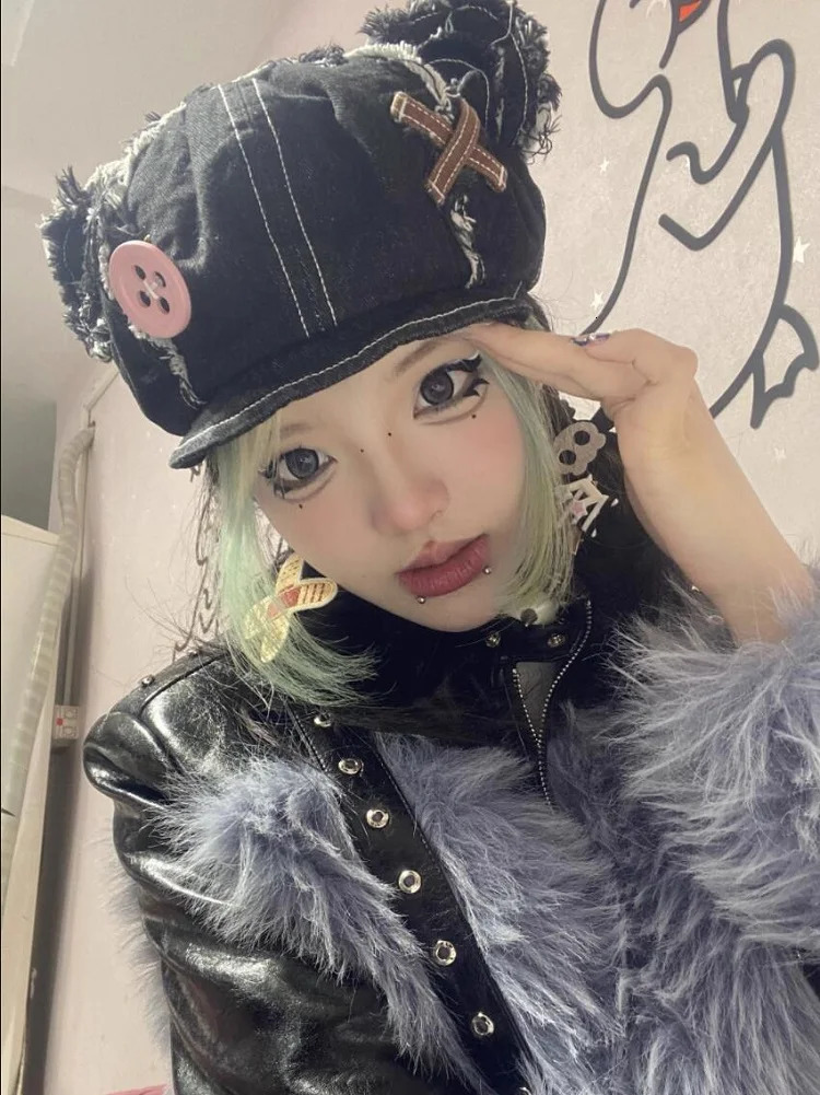 Berets Japanese Harajuku Y2k Cute Bear Ear Hats Women Girls Vintage Washed Denim Beret Hats Boina Mujer Chic Kawaii Streetwear 231018