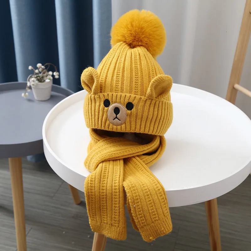 Caps Hats Warm Kids Beanie Scarf Set European Style Cartoon Bear Crochet Bonnet for Toddler Boy Girl Outdoor Autumn Winter Hat Scarf Set 231019