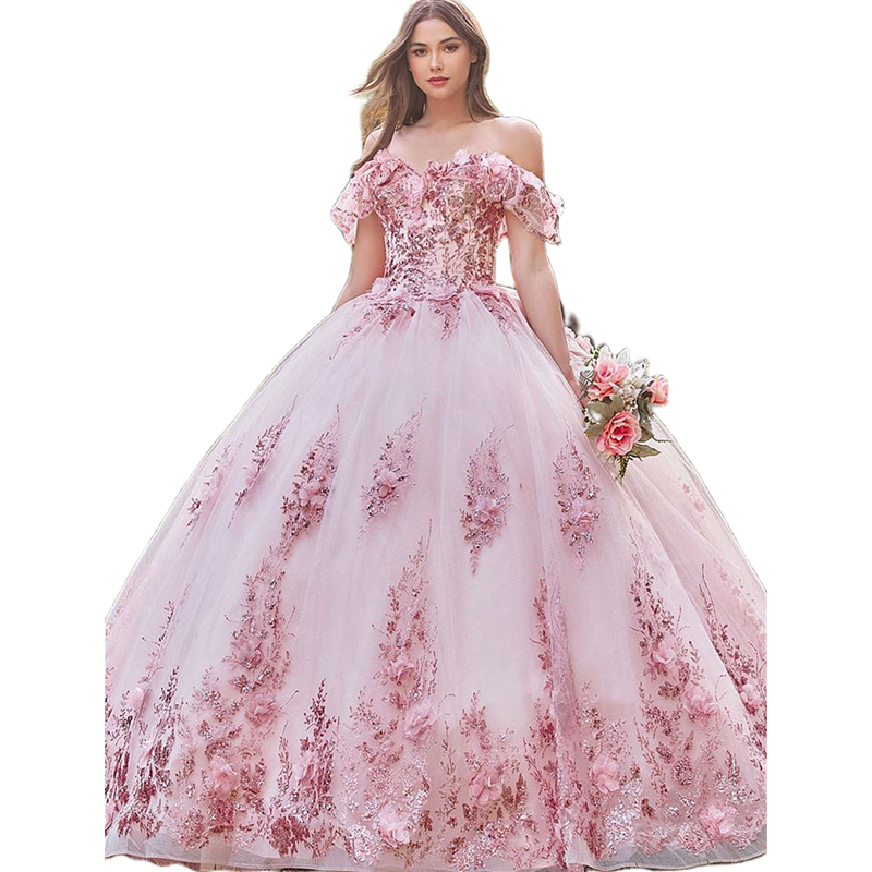 Pink Floral Applique Quinceanera Dresses With Bow Back Off Shoulder Flowers Long Princess Sweet 16 Dress For Girls 2026 Gorgeous Prom Special Occasion