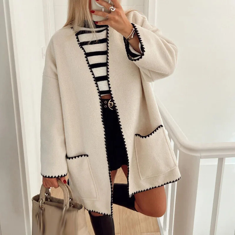 Womens Wool Blends Trendy Retro Contrast Color Woolen Coats Women Autumn Vneck Long Sleeve Top Cardigan Winter Big Pocket Warm Jackets 231019