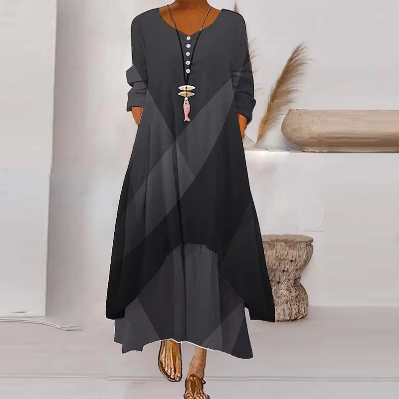 Casual Dresses Women Spring Printed Loose Bohemia Party Dress Female Pockets Irregularity Long SleevedDresses Ethnic Retro Harajuku
