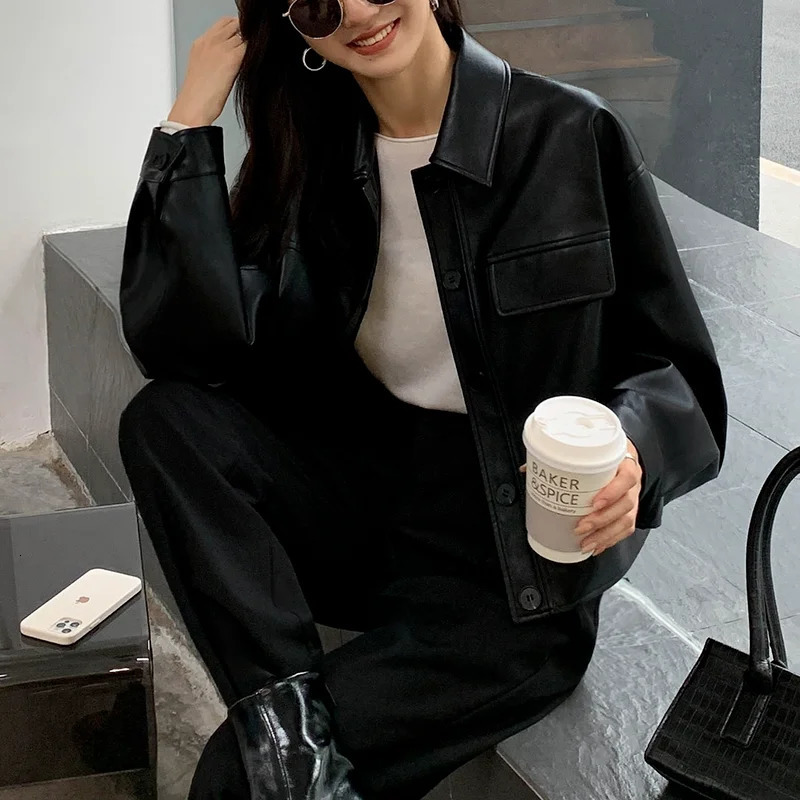 Womens Leather Faux Black Cropped Jacket Women Korean High Street Blazers Vintage Streetwear Moto Bike Autumn 231018