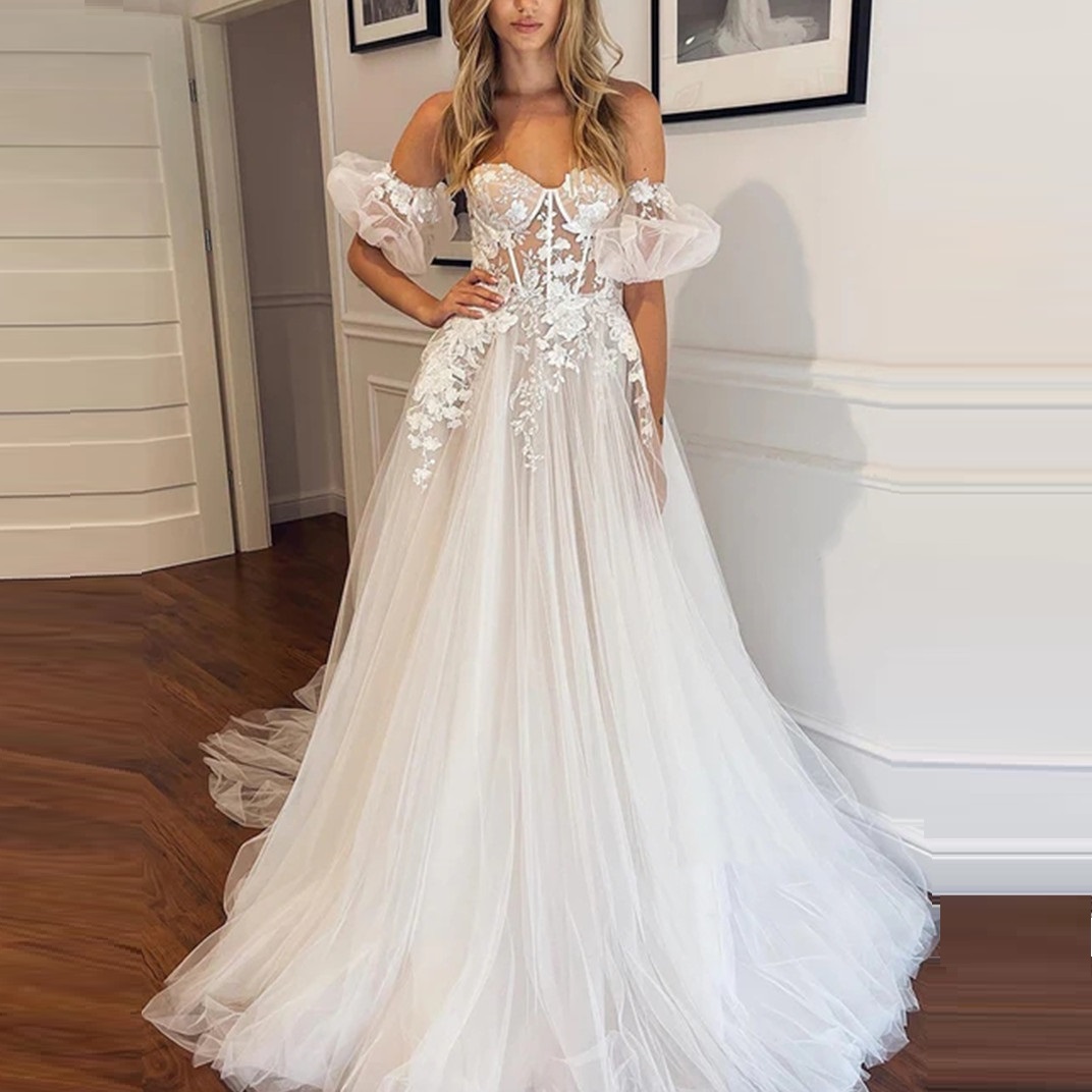 Beach Off The Shoulder Wedding Dress Illusion Lace Appliques Sweetheart A-Line Bridal Gown Floral Vestidos De Novia