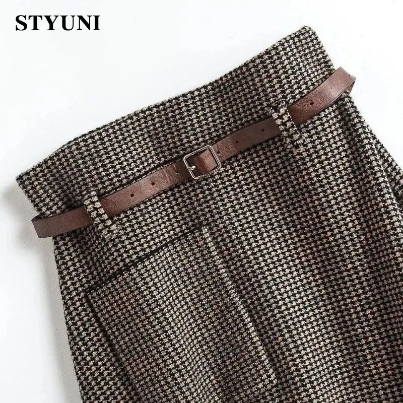 Skirts Houndstooth Plaid Brown Vintage Knitted Woolen Womens Skirt Autumn High Waist Belt ALine MidCalf Long For Women 231019