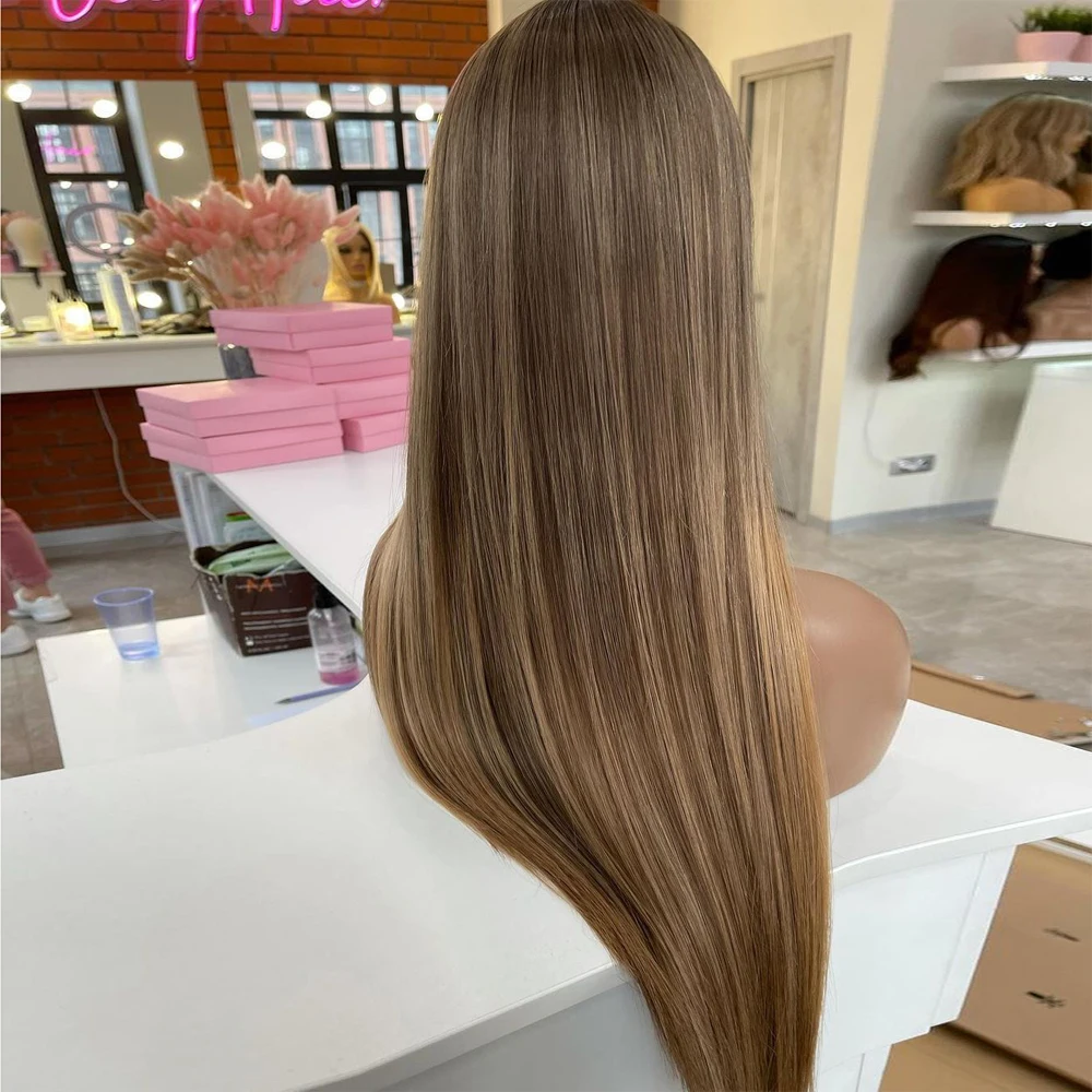 Peruvian Hair Light Brown Blonde Full Lace Front Human Hair Wigs Highlight HD Lace Frontal Wigs 180% Cheap Virgin Hair Silky Straight Wigs for Women