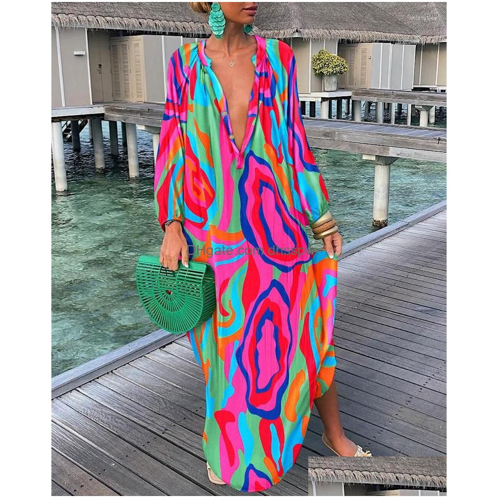 Casual Dresses Elegant Boho Shirt Dress For Women Clothing 2022 Spring Summer Vintage Oversized Print Long Midi Wholesale Drop Deliv