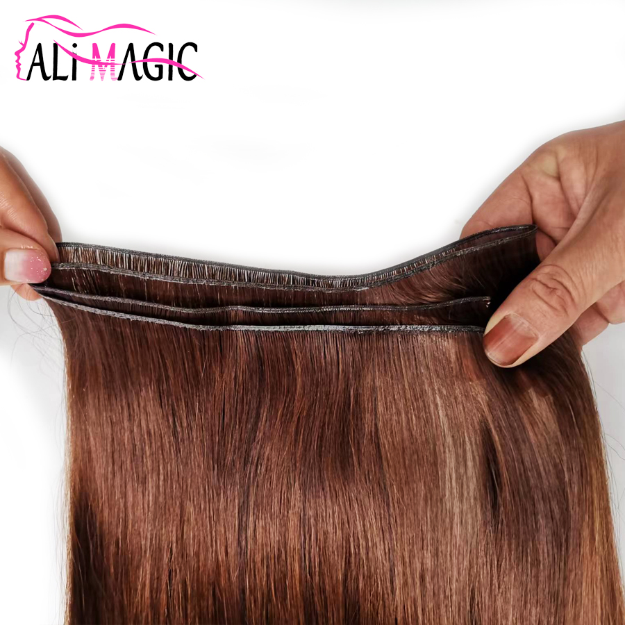 New PU Hair Wefts Human Hair Weave Blonde Black Brown Color 50g/pcs 100g/lot Remy Hair Bundles Hair Root Not Folded In Half, No Short Hair ALI MAGIC F