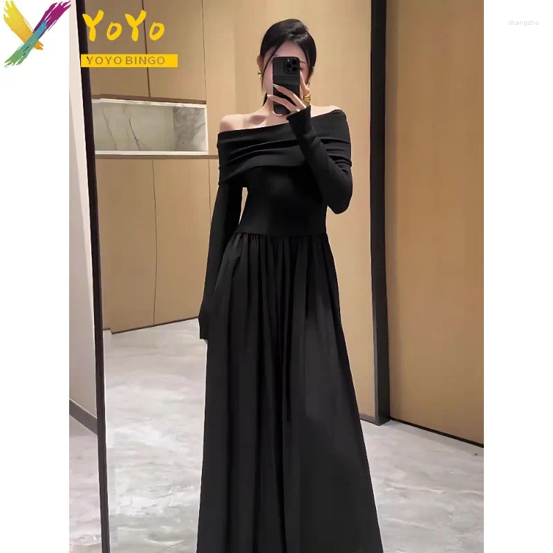 Casual Dresses Formal Black/White Ruffle Collar Long Sleeve A-line Ankle 2023 Autumn/Winter Fashion Elegant Slim Bodycon Party Dress