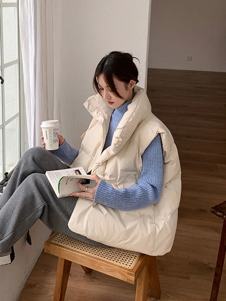 Women's Vests Jmprs Korean Chic Thick Puffy Vest Women Winter Warm Streetwear Parkas Jacket Simple Loose Zipper Casual Cotton Down Solid 231018