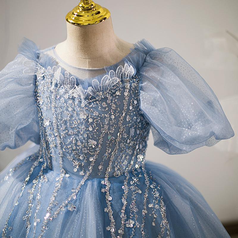 2023 Blue Sheer Neck Flower Girl Dresses Ball Gown Sequined Lace Tulle Vintage Little Girl Peageant Dress Gowns ZJ416