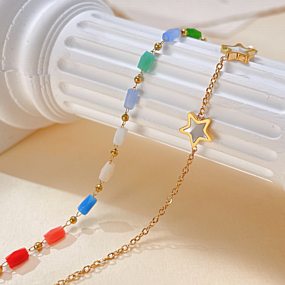 Women Girls Fine Anklet Bracelet Stainless Steel Peart Oysters Star Link Chain Accessories Simple Double Boho Style Jewelry Extension Chain 8.66inch+6