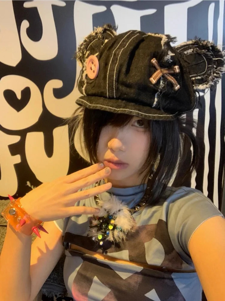 Berets Japanese Harajuku Y2k Cute Bear Ear Hats Women Girls Vintage Washed Denim Beret Hats Boina Mujer Chic Kawaii Streetwear 231018