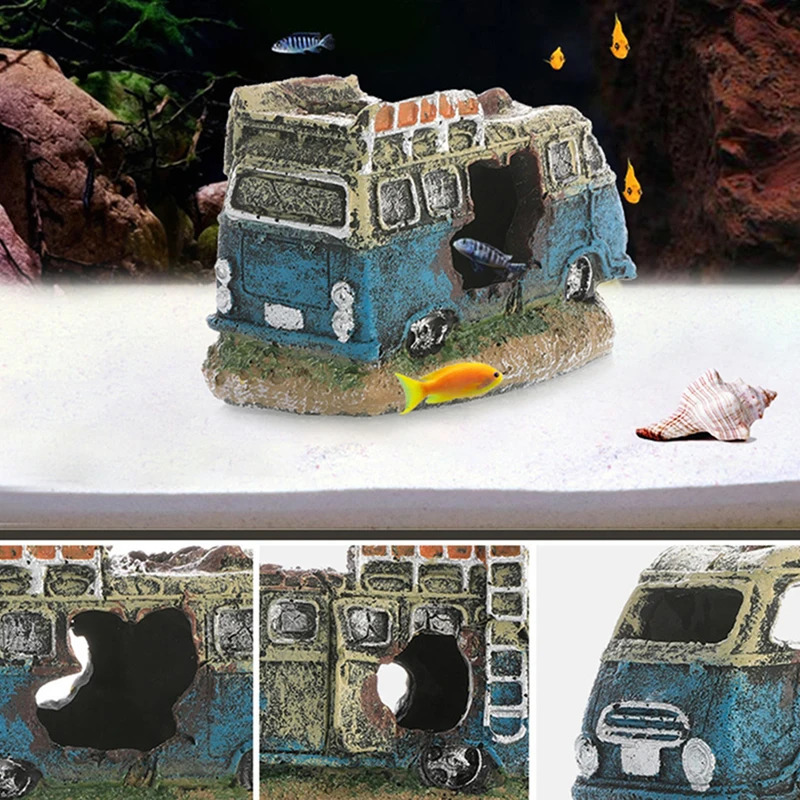 Decorations Resin Wreck Car Ornament Fish Shrimp Hiding Cave Shelter Broken Vehicle House Fish Tank Aquarium Landscaping Decorate Accessory 231019