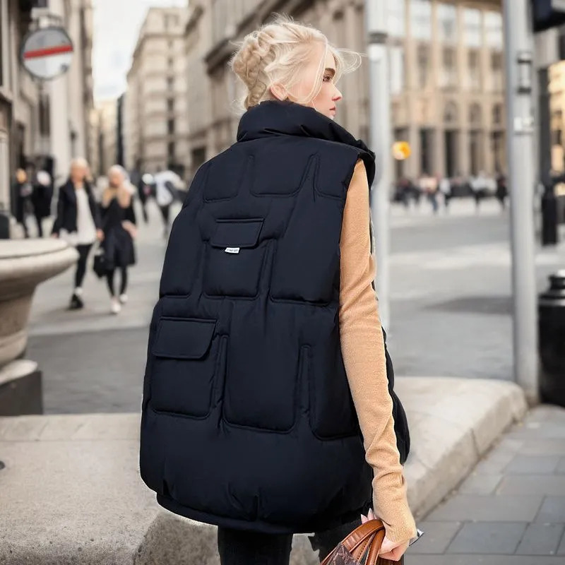 Women's Vests 2023 Autum Down Cotton Vest Women Loose Sleeveless Coats Jackets Winter Female Solid Stand Collar Thickening Warm White 231018