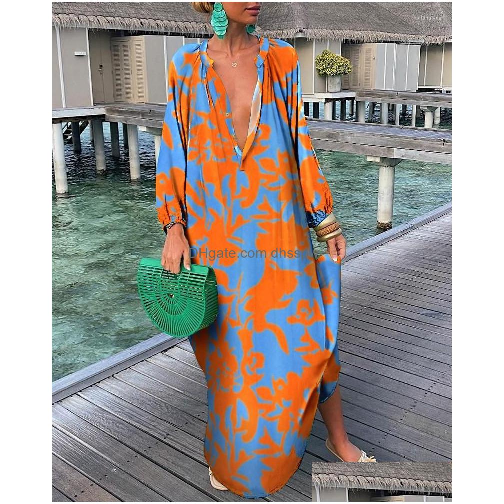 Casual Dresses Elegant Boho Shirt Dress For Women Clothing 2022 Spring Summer Vintage Oversized Print Long Midi Wholesale Drop Deliv