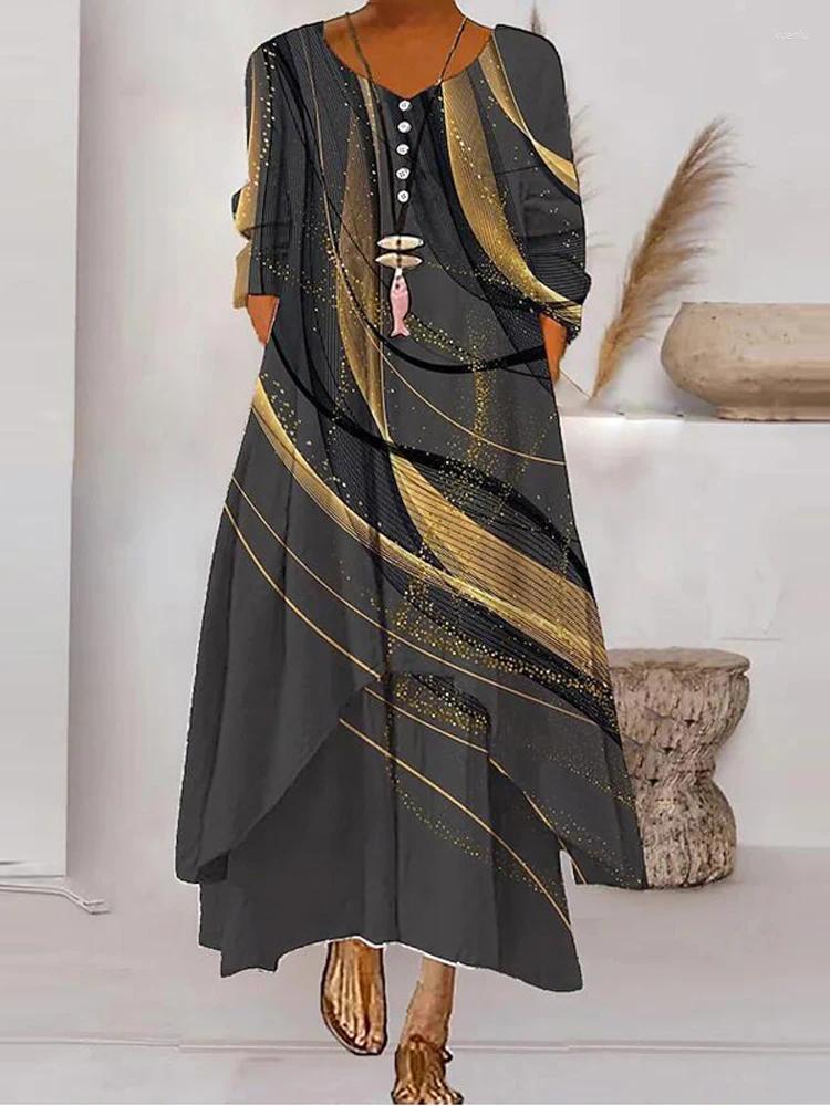 Casual Dresses Women Spring Printed Loose Bohemia Party Dress Female Pockets Irregularity Long SleevedDresses Ethnic Retro Harajuku