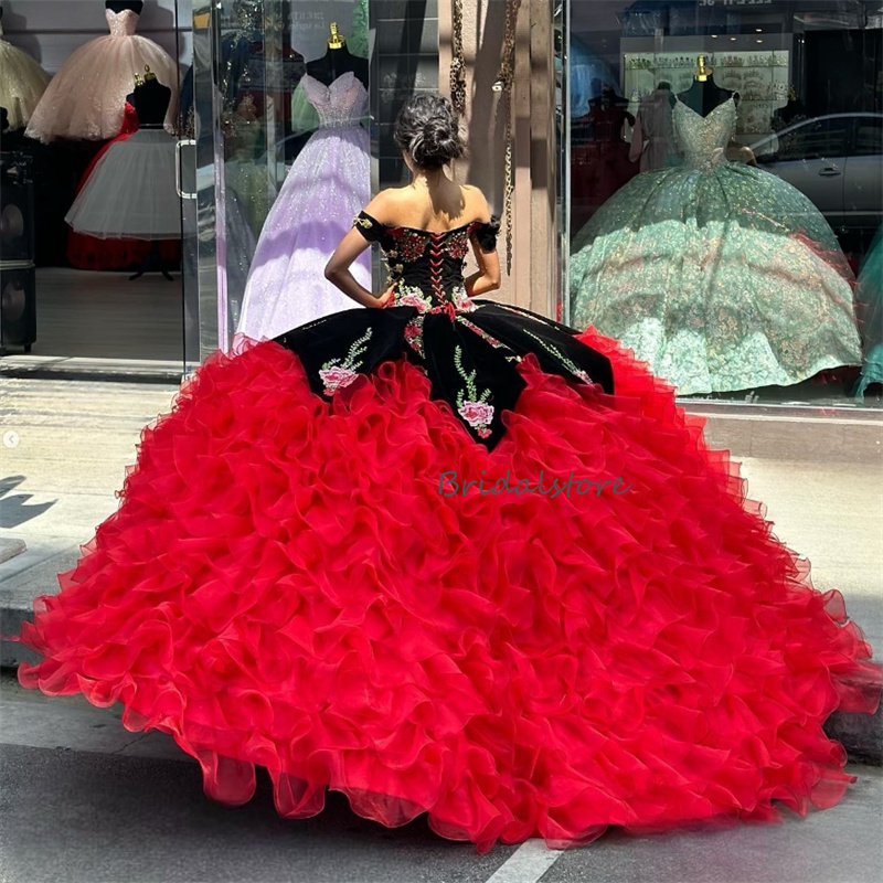 Mexican Black Red Quinceanera Dresses 2024 Lxuury Tiered Ruffles Debutante Dress Vestidos De Xv Anos 15 Charro Birthday Party Vestidos Debutantes Masq