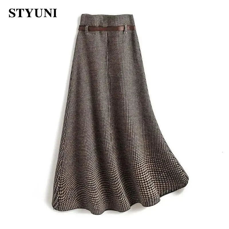Skirts Houndstooth Plaid Brown Vintage Knitted Woolen Womens Skirt Autumn High Waist Belt ALine MidCalf Long For Women 231019