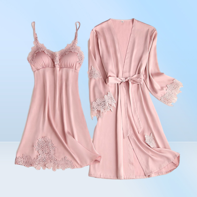 Satin Lace Pajamas Set Women 5PC Strap Top Pants Sleepwear Sleep Suit Spring Autumn Pyjamas Home Wear Nightwear Robe Gown MXXL