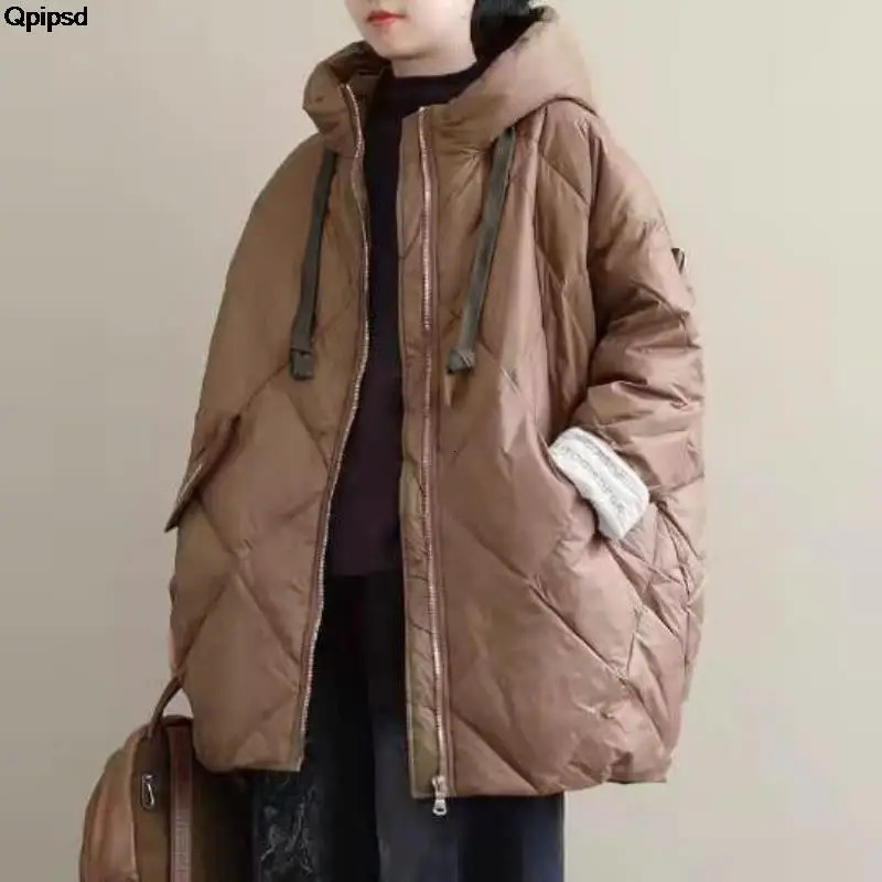 Women's Down Parkas 2023 Warm Puff Coat Pockets Quilted Solid Korean Fashion Coats Oversized Women Parka Winter Midlength Hooded Cotton Jacket 23