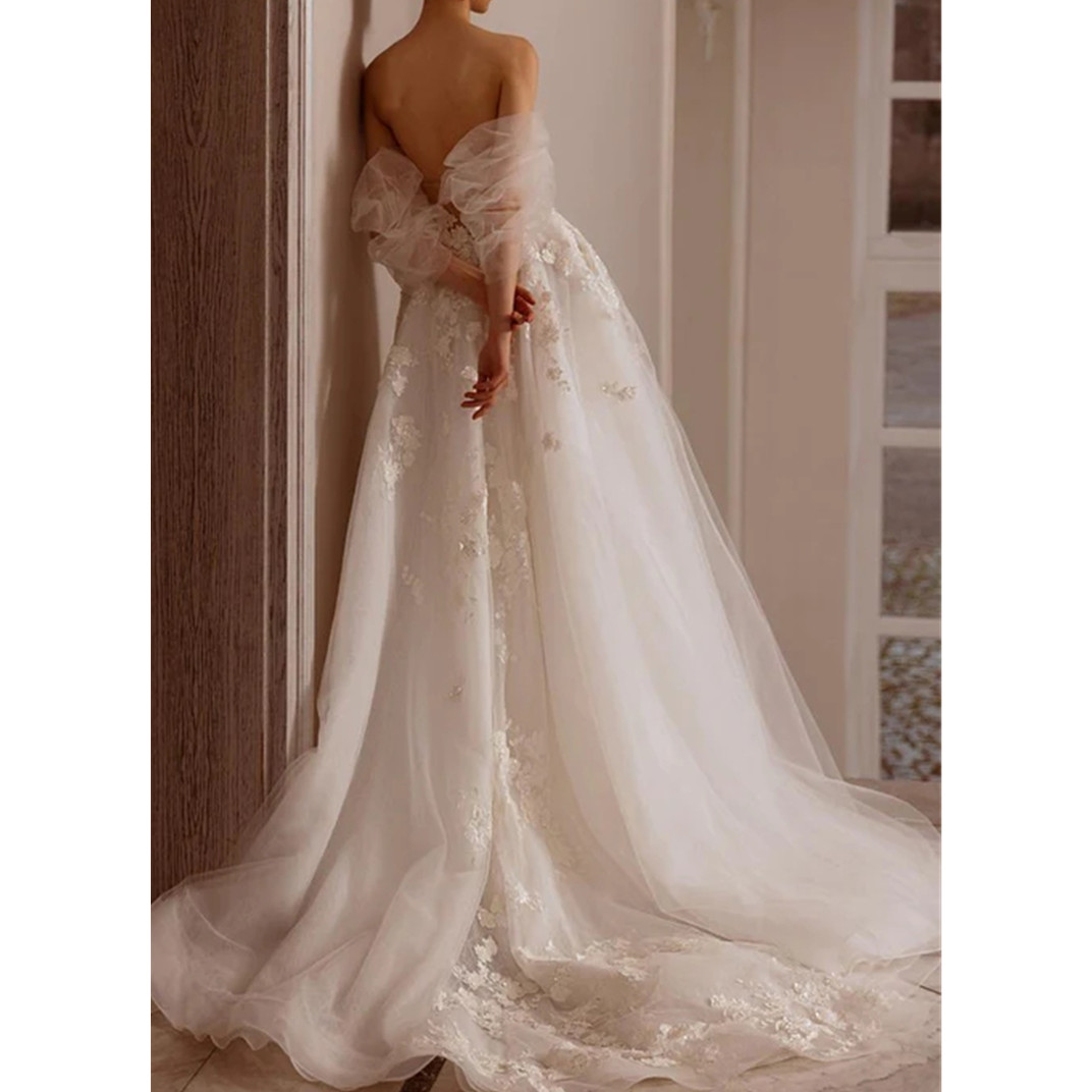 Luxury Appliques Wedding Dresses Split A-Line Bride Gow With Bow Swoop Train Bride Dress Robe De Mariee