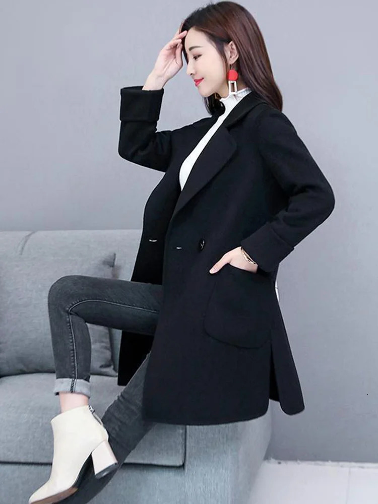 Womens Wool Blends Elegant Thick Warm Mid Length Woolen Coat Winter Loose Slim Onebutton Outerwear Solid Color Allmatch Streetwear Women 231019