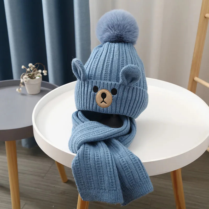 Caps Hats Warm Kids Beanie Scarf Set European Style Cartoon Bear Crochet Bonnet for Toddler Boy Girl Outdoor Autumn Winter Hat Scarf Set 231019