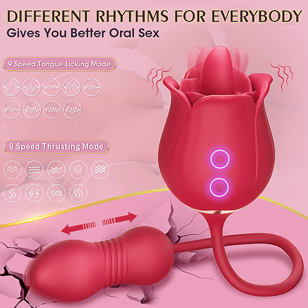 Vibrators 3 in 1 Rose Toy Vibrator for Woman Tongue Licking Clitoral Stimulator Thrusting G Spot Dildo Clit Nipple Licker Women Goods 231018