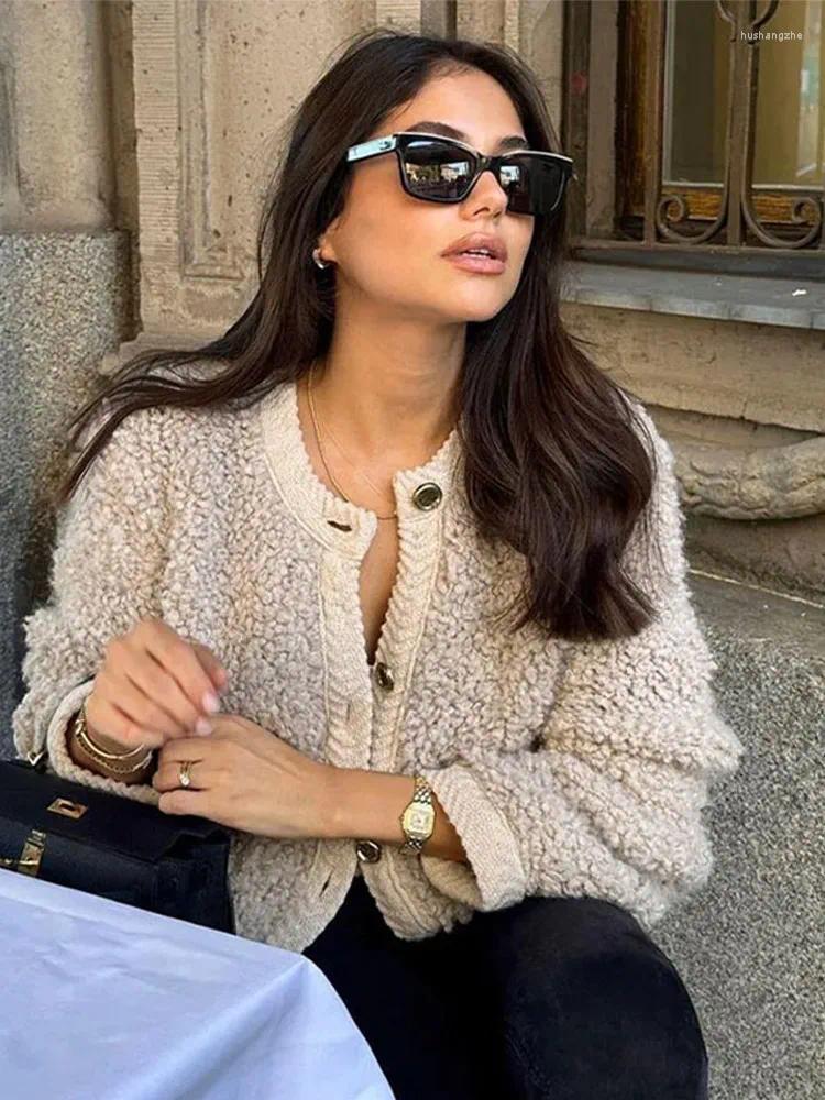 Womens Jackets Lamb Wool Coats Women Sweater Single Breasted O-neck Elegant Autumn Winter Jacket Female Long Sleeve Tops Lady Commuting