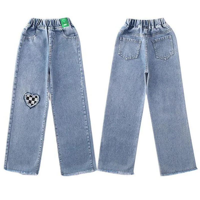 Jeans Autumn Girls Jeans For Girl Teenage Elastic High Waist Denim Wide Leg Pants Kids Straight Trousers Children Ripped Jeans 231019