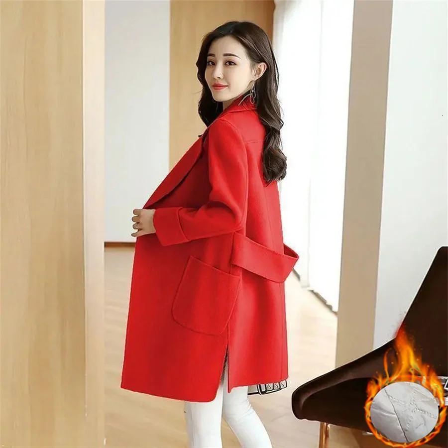 Womens Wool Blends Elegant Thick Warm Mid Length Woolen Coat Winter Loose Slim Onebutton Outerwear Solid Color Allmatch Streetwear Women 231019