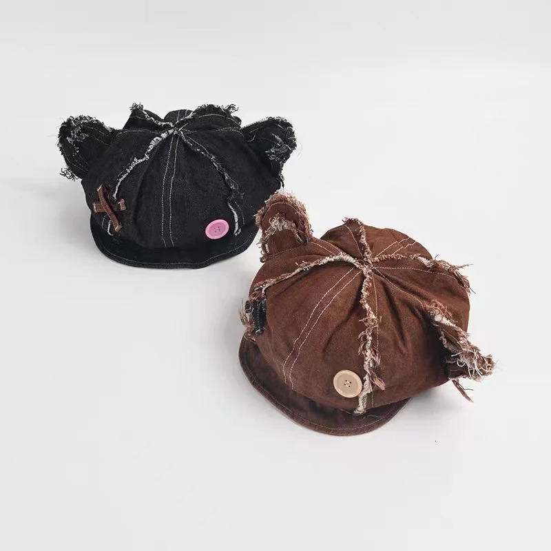 Berets Y2k Japanese Harajuku Cute Bear Ear Hat for Women Girls Vintage Washed Denim Berets Boina Mujer Chic Streetwear Gorras 231018