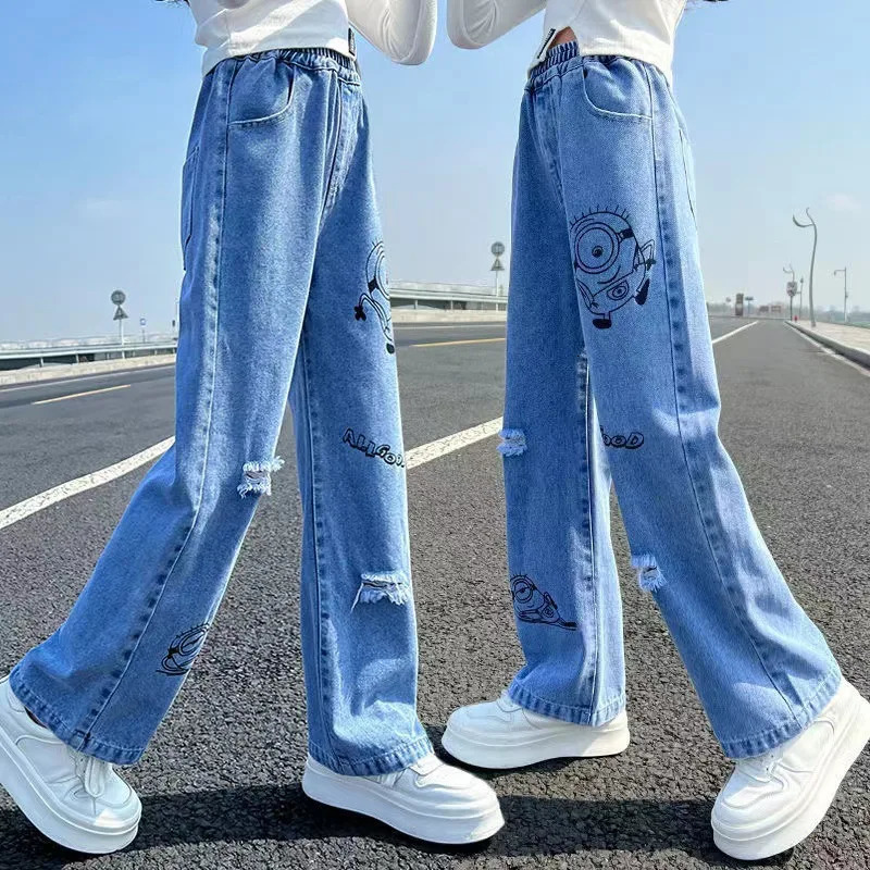 Jeans Autumn Girls Jeans For Girl Teenage Elastic High Waist Denim Wide Leg Pants Kids Straight Trousers Children Ripped Jeans 231019