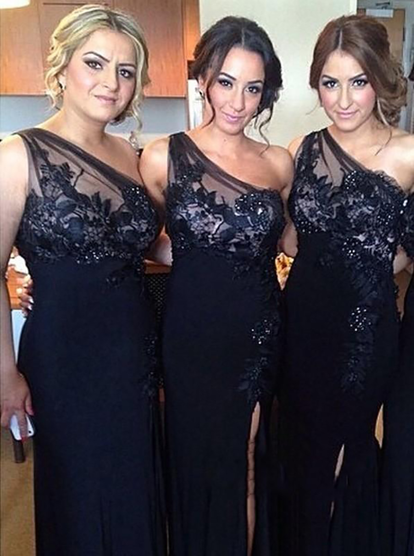 2023 Elegant One Shoulder Bridesmaid Dresses Cheap Side Split Plus Size Evening Gowns Lace Appliques Floor Length Wedding Guest Dress