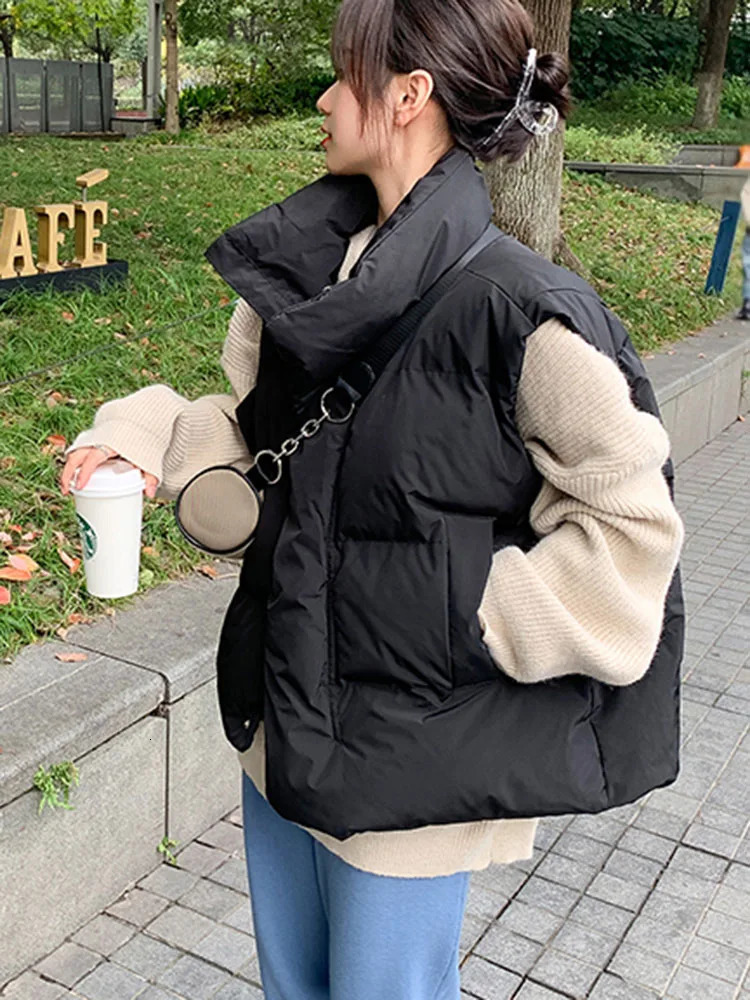 Women's Vests Jmprs Korean Chic Thick Puffy Vest Women Winter Warm Streetwear Parkas Jacket Simple Loose Zipper Casual Cotton Down Solid 231018