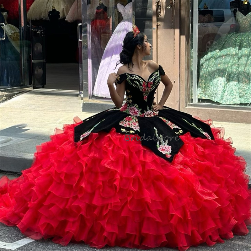 Mexican Black Red Quinceanera Dresses 2024 Lxuury Tiered Ruffles Debutante Dress Vestidos De Xv Anos 15 Charro Birthday Party Vestidos Debutantes Masq