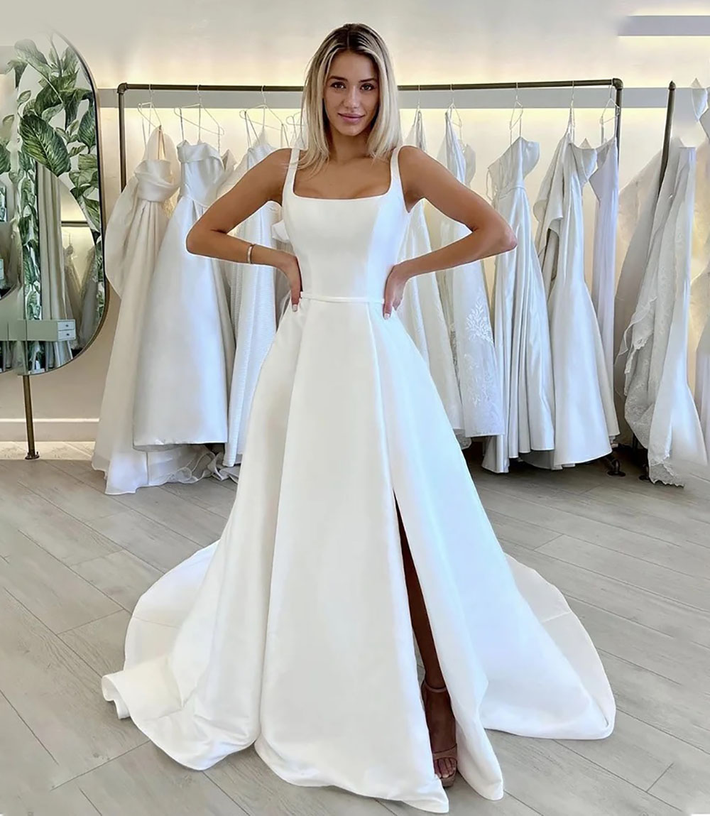 Wedding Dresses White Bridal Gowns Ivory New Zipper Plus Size Custom Lace Up Satin Thigh-High Slits Floor-Length Sleeveless A Line Bateau Button