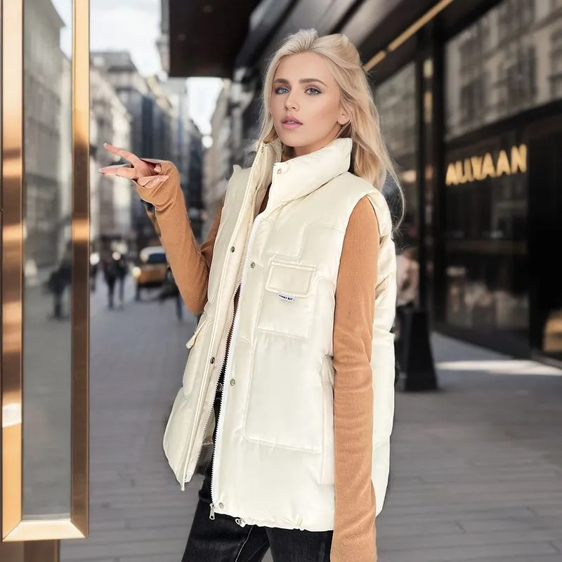 Women's Vests 2023 Autum Down Cotton Vest Women Loose Sleeveless Coats Jackets Winter Female Solid Stand Collar Thickening Warm White 231018